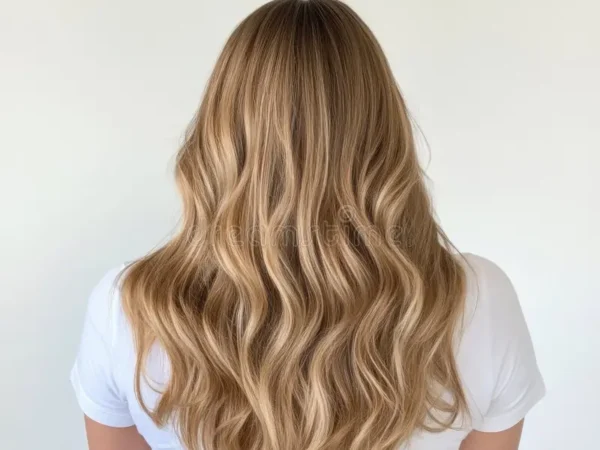 Blonde hair glossy healthy waves styled to enhance volume seen back against plain background hair appears well blonde extensions