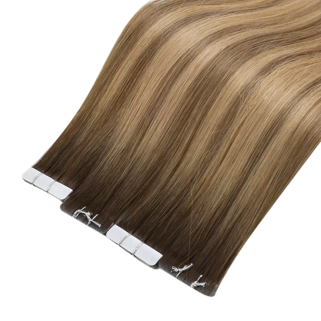 Human hair tape in hair extensions