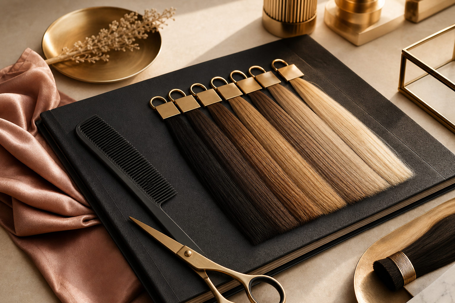 Premium swatch book with hair extension shades and salon tools