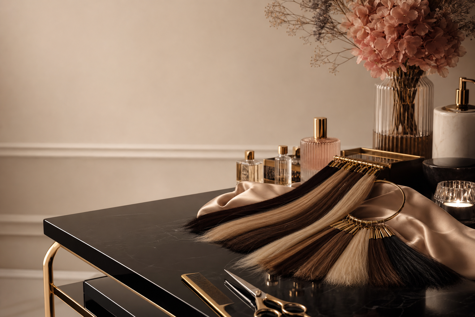 Luxury salon table with hair extension colour swatches and champagne gold styling